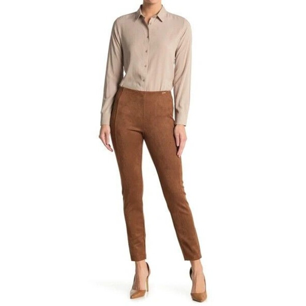 Tahari Faux Suede Seamed Pants Womens M Brown Slim Pull On Stretch NEW